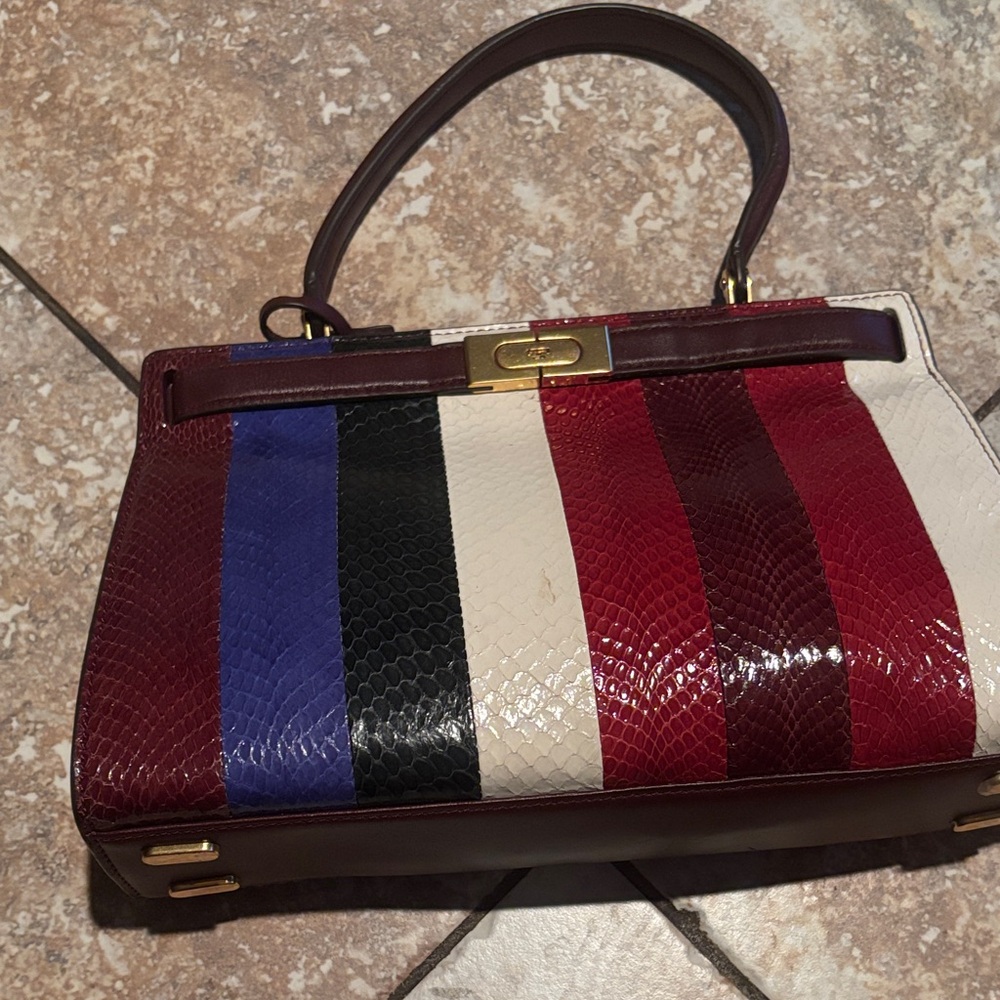 Tory Burch Maroon , Blue, and White Striped Satchel (wallet included)